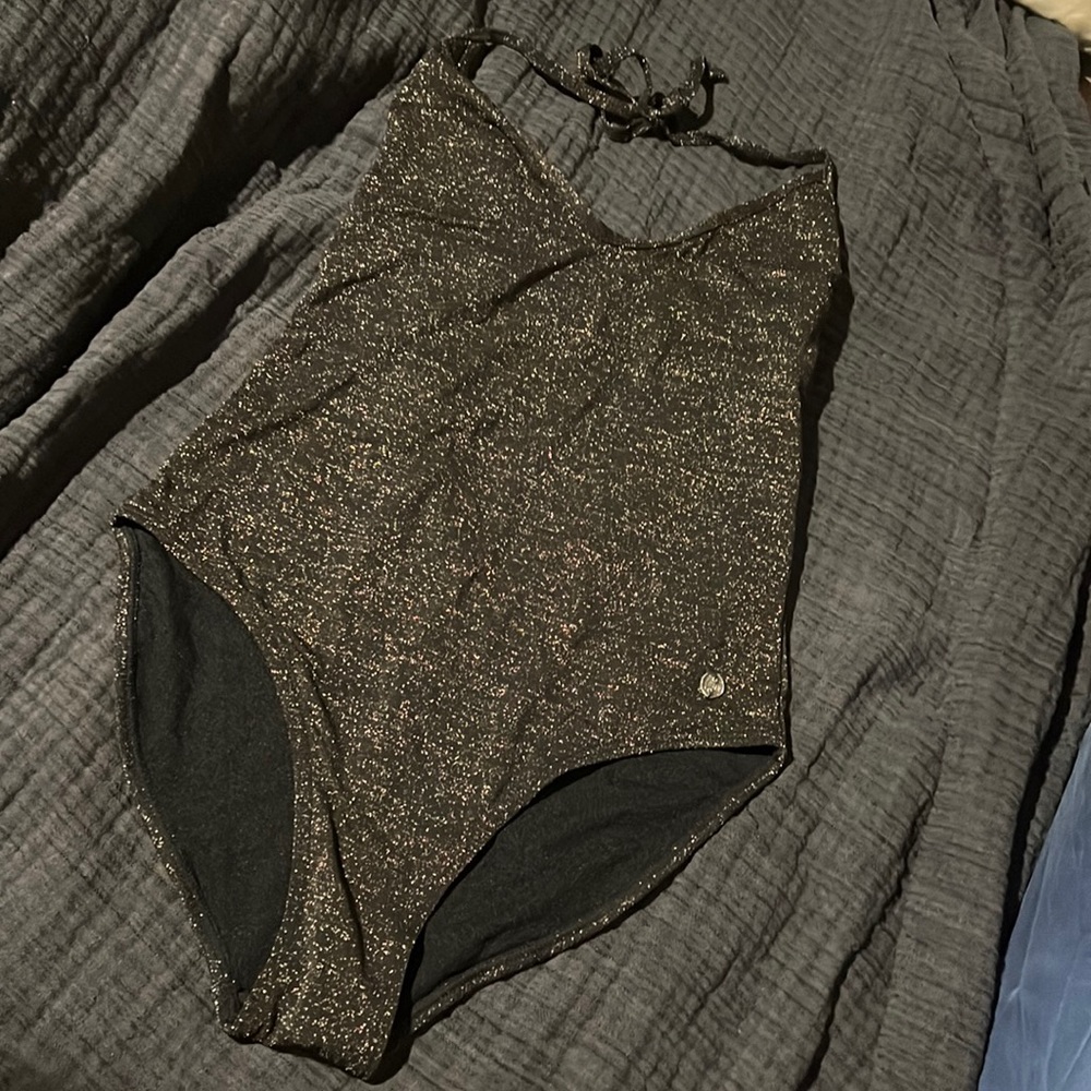 French Connection FCUK Gold glittery one-piece; sexy low back halter